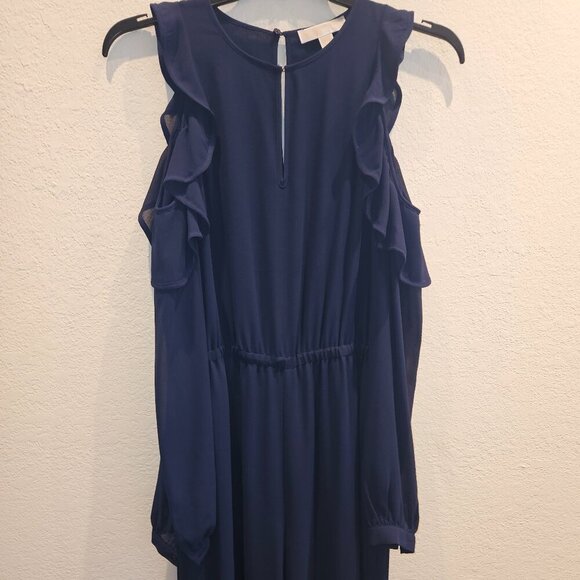 Party Navy blue wide leg holiday  pantsuit, cold shoulder Long Sleeve ruffle  M - Picture 3 of 6